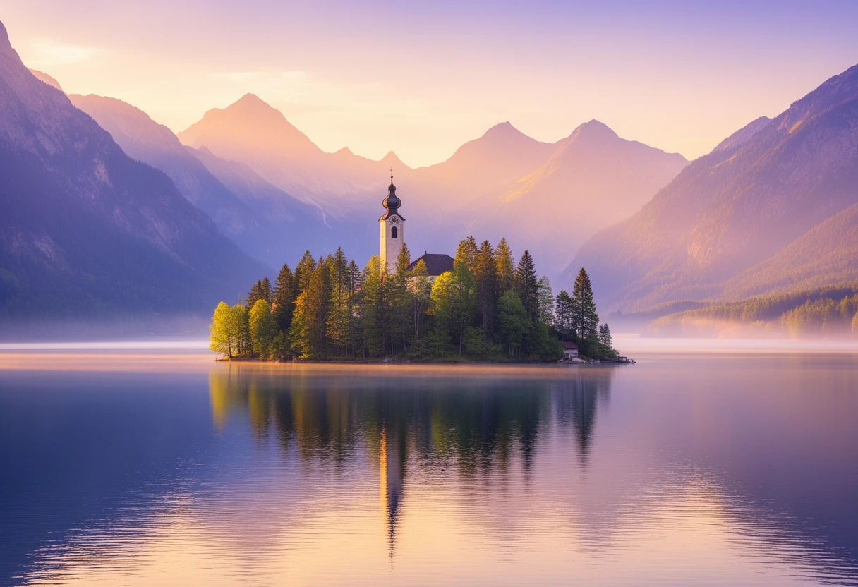 Insel mit Kirchturm auf einem Chiemgauer See im Abendlicht