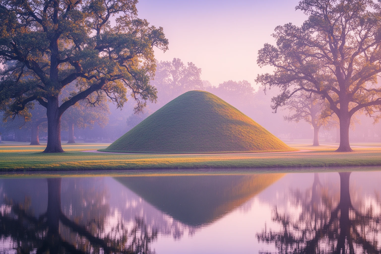 Branitzer Park mit Pyramide und See im Abendlicht