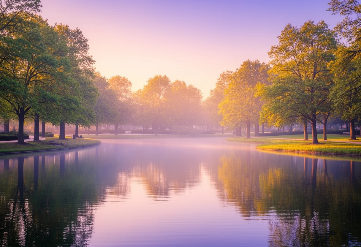 Von Bäumen gesäumter See in einem Park im Abendlicht