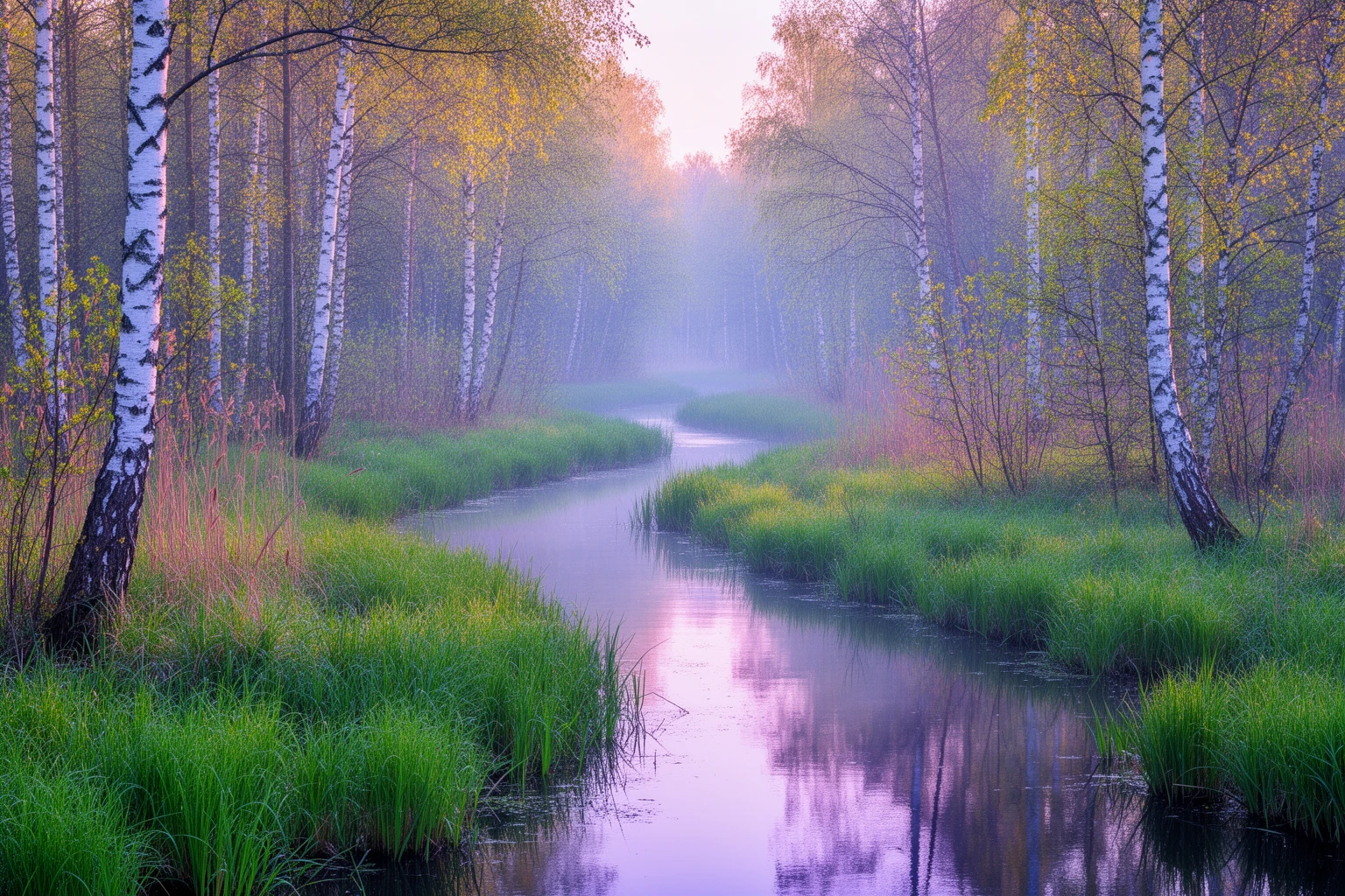 Spreewaldkanal durch Schilf und Birken im Abendlicht
