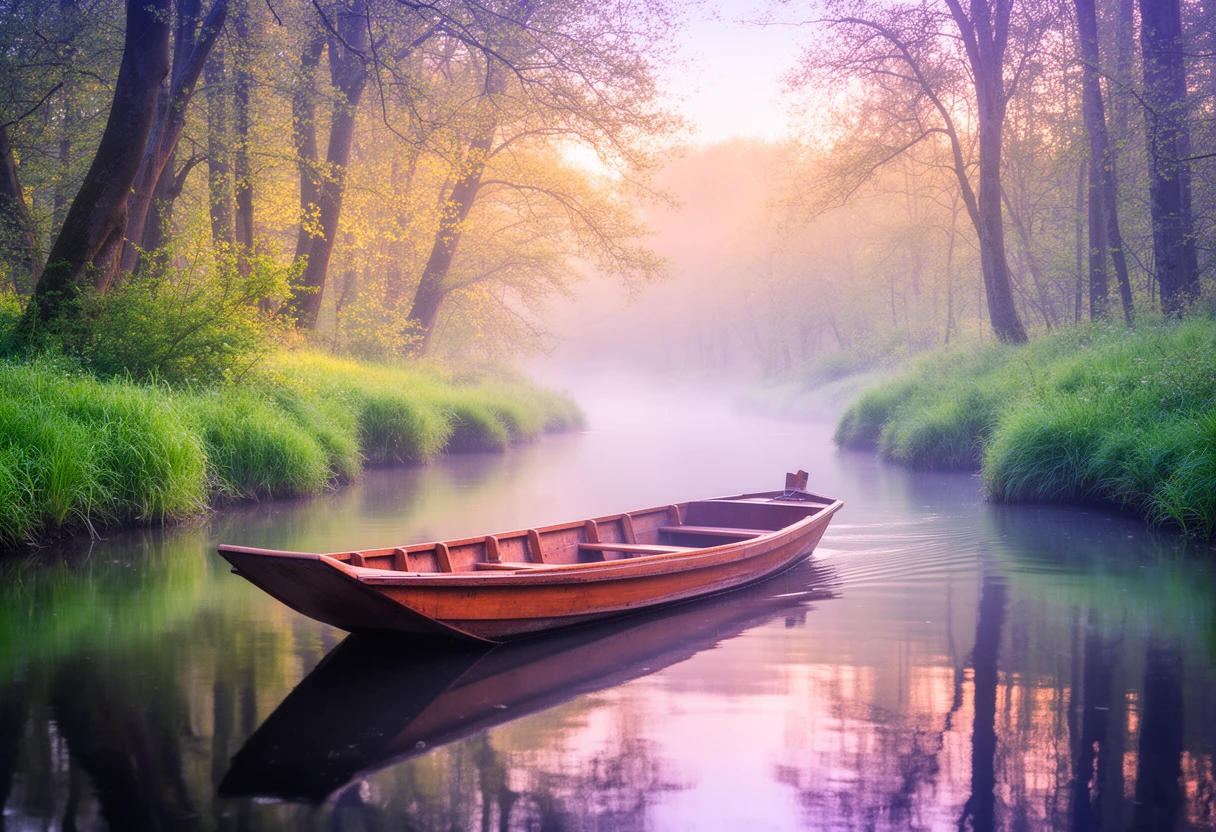 Holzkahn auf einem ruhigen Spreewaldkanal