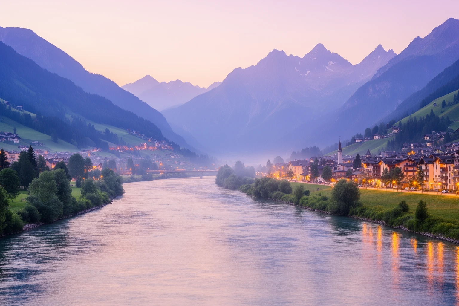 Inntal mit Fluss und Alpen im Abendlicht