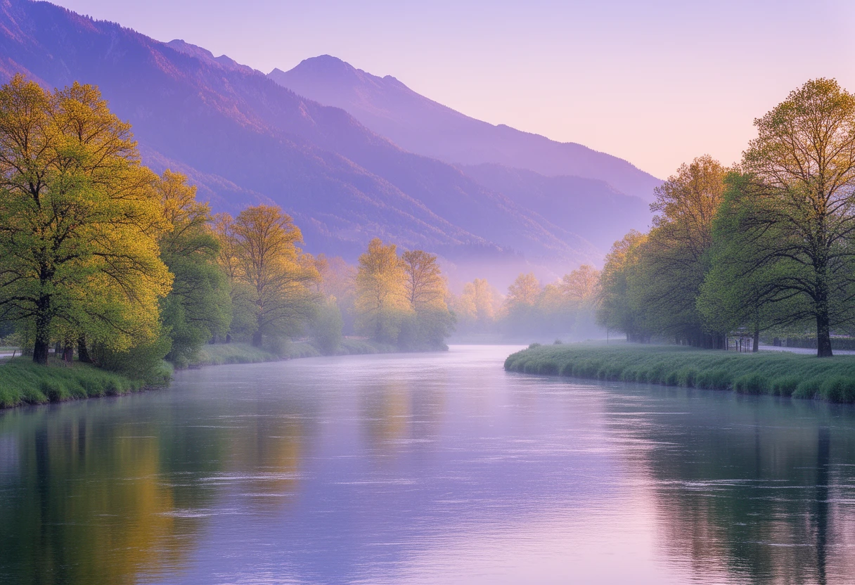 Flusslauf mit Bäumen und Voralpen im Abendlicht