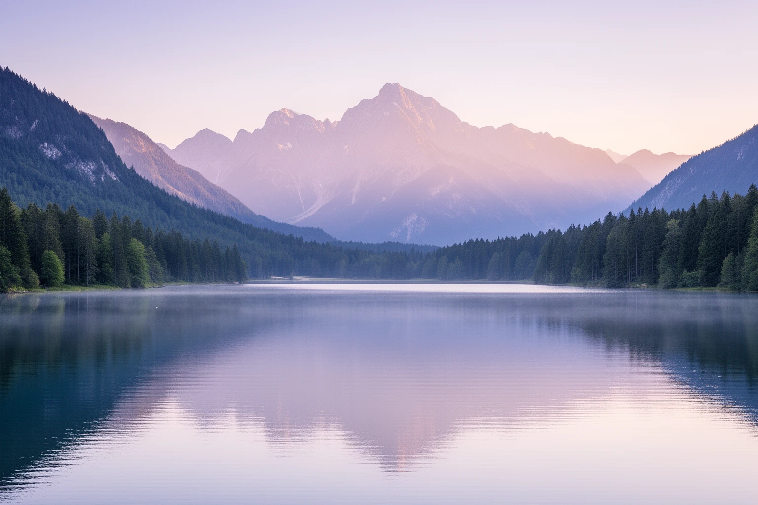 Alpensee mit bewaldeten Ufern im Chiemgau im Abendlicht